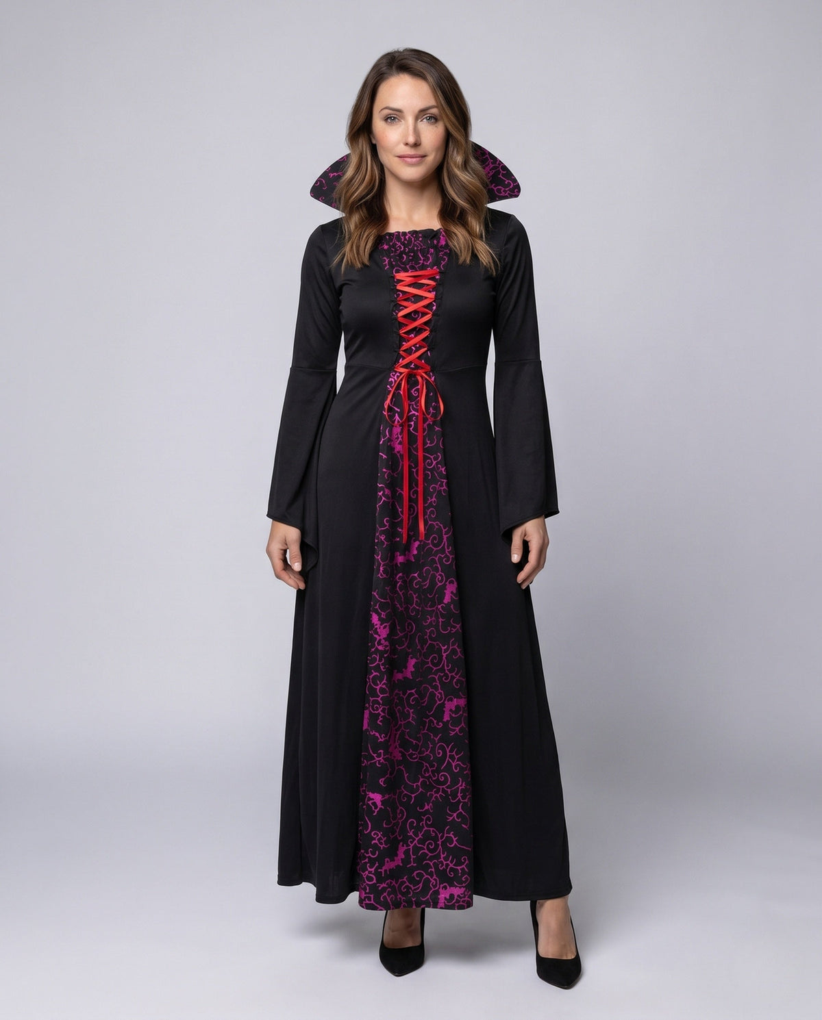 Women's black witch costume dress with high collar, bat print panel and red lace-up front
