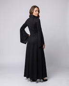 Women's black witch costume dress with high collar, bat print panel and red lace-up front - view 3