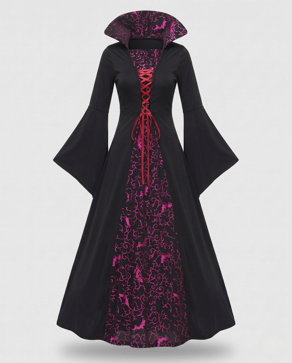 Women's black witch costume dress with high collar, bat print panel and red lace-up front - view 4