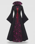 Women's black witch costume dress with high collar, bat print panel and red lace-up front - view 4