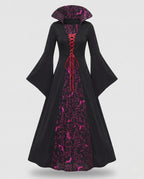 Women's black witch costume dress with high collar, bat print panel and red lace-up front - view 4