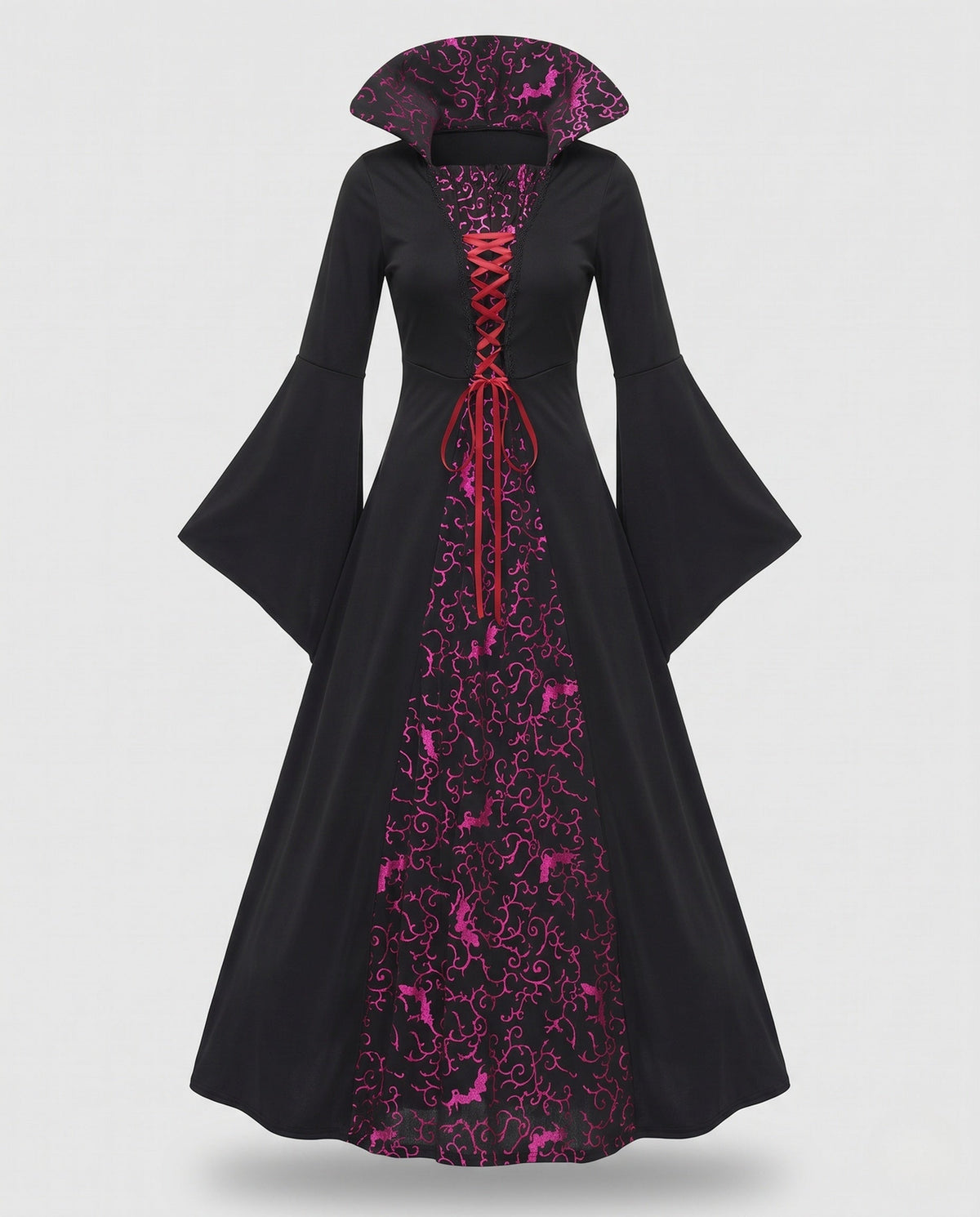 Women's black witch costume dress with high collar, bat print panel and red lace-up front - view 4
