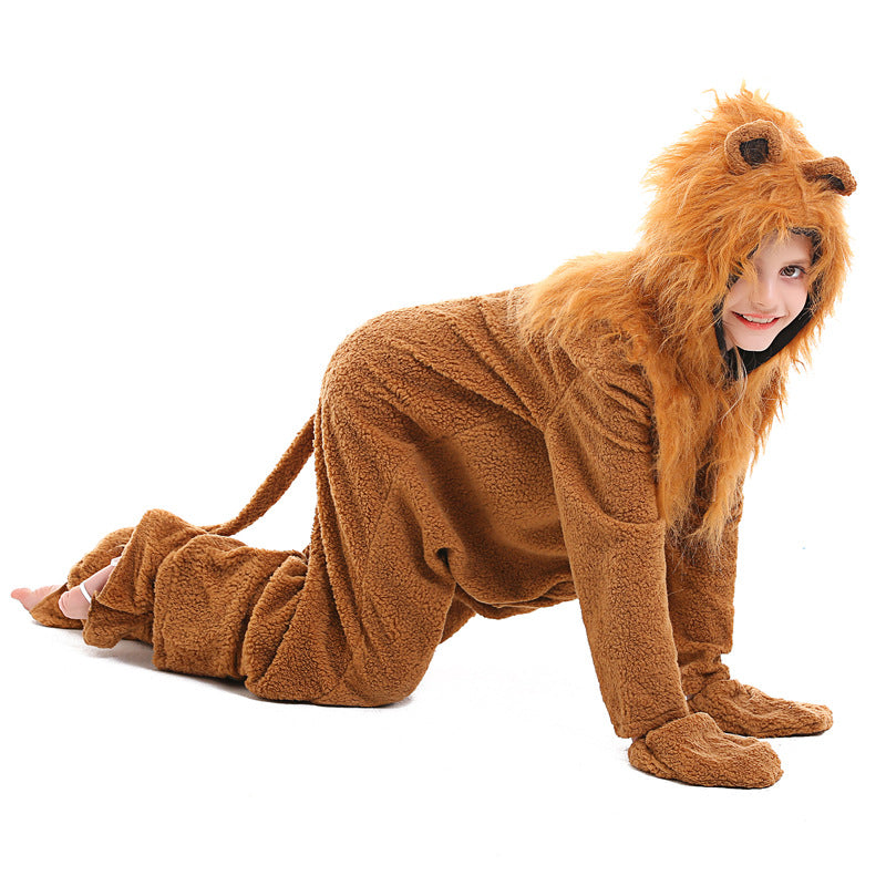 Kids lion Halloween costume, brown plush hooded jumpsuit with faux fur mane, ears, tail and paw mittens