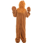 Kids lion Halloween costume, brown plush hooded jumpsuit with faux fur mane, ears, tail and paw mittens - view 2
