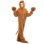 Kids lion Halloween costume, brown plush hooded jumpsuit with faux fur mane, ears, tail and paw mittens - view 3