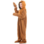 Kids lion Halloween costume, brown plush hooded jumpsuit with faux fur mane, ears, tail and paw mittens - view 4