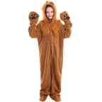 Kids lion Halloween costume, brown plush hooded jumpsuit with faux fur mane, ears, tail and paw mittens - view 5