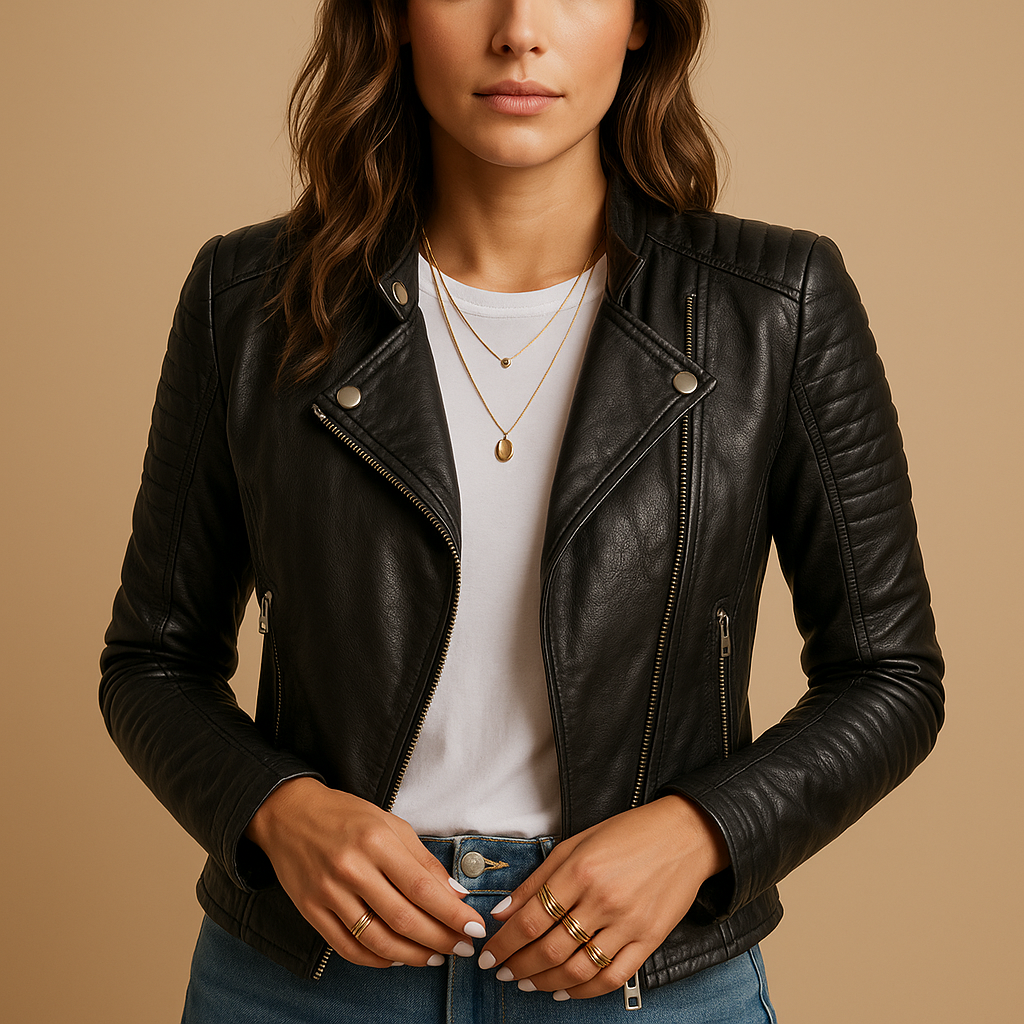 Fitted black womens moto jacket with asymmetric zip, snap lapels and ribbed shoulders