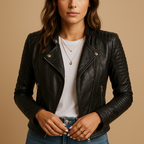 Fitted black womens moto jacket with asymmetric zip, snap lapels and ribbed shoulders