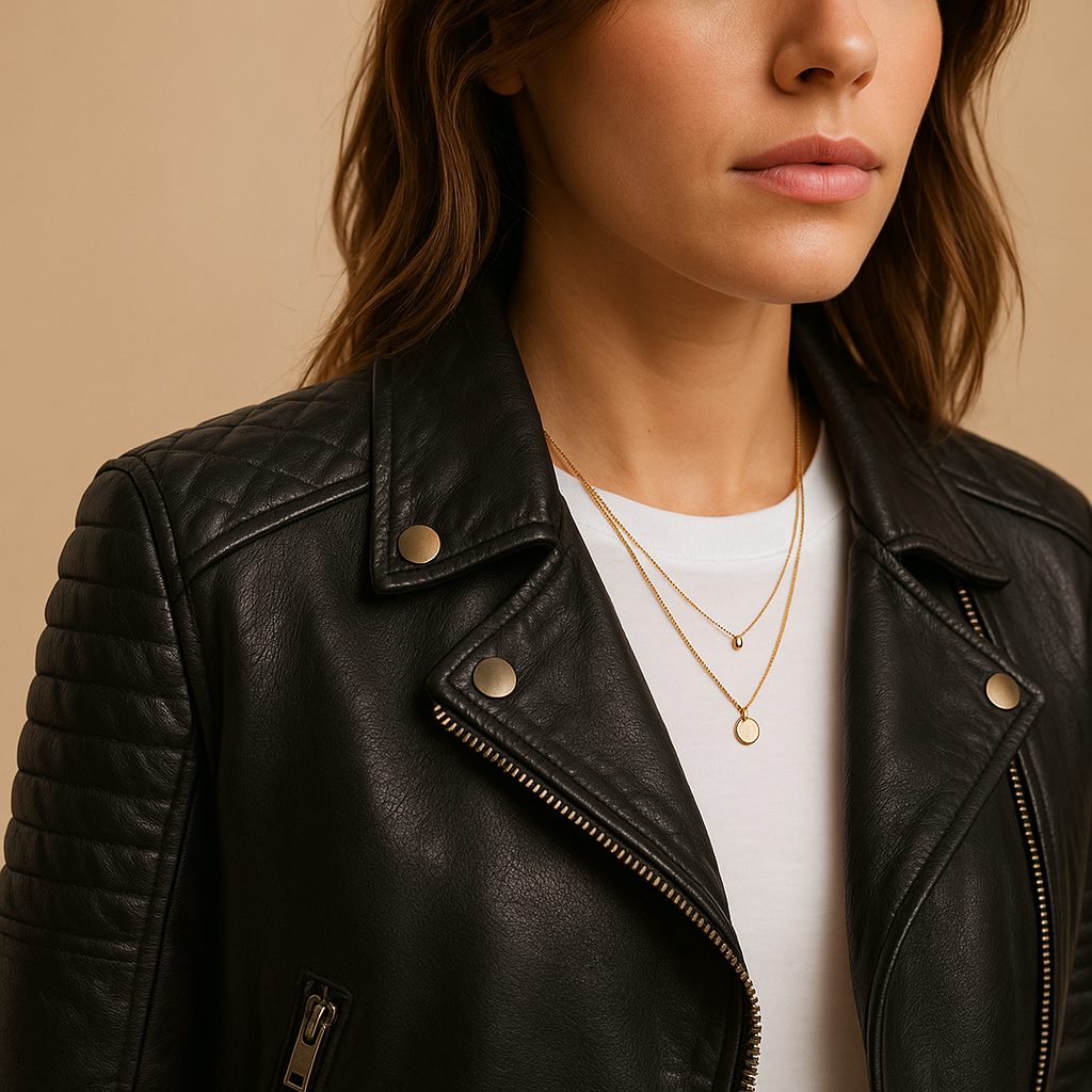 Fitted black womens moto jacket with asymmetric zip, snap lapels and ribbed shoulders - view 3