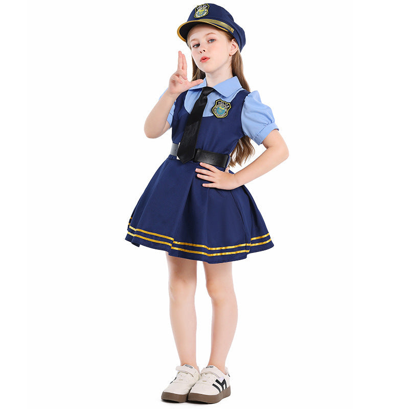 Girl wearing navy police costume dress with light blue puff sleeves, black tie, belt and gold-striped pleated skirt - view 2