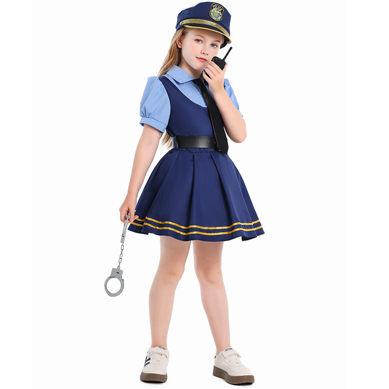 Girl wearing navy police costume dress with light blue puff sleeves, black tie, belt and gold-striped pleated skirt - view 3