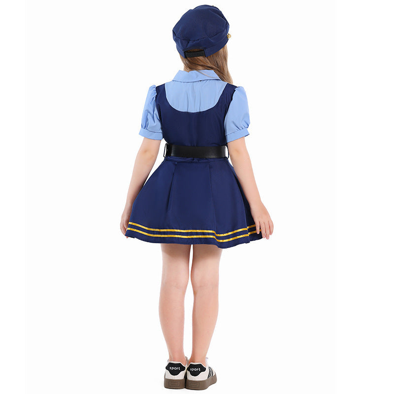 Girl wearing navy police costume dress with light blue puff sleeves, black tie, belt and gold-striped pleated skirt - view 4