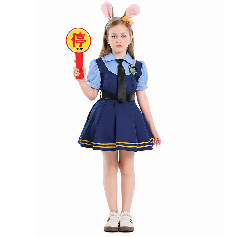 Girl wearing navy police costume dress with light blue puff sleeves, black tie, belt and gold-striped pleated skirt - view 5