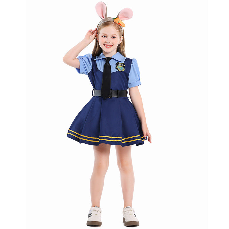 Girl wearing navy police costume dress with light blue puff sleeves, black tie, belt and gold-striped pleated skirt - view 7