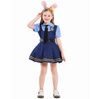 Girl wearing navy police costume dress with light blue puff sleeves, black tie, belt and gold-striped pleated skirt - view 7