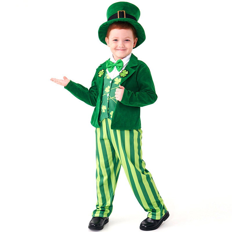 Kids green leprechaun costume with top hat, velvet-look jacket, shamrock vest, bow tie and striped pants