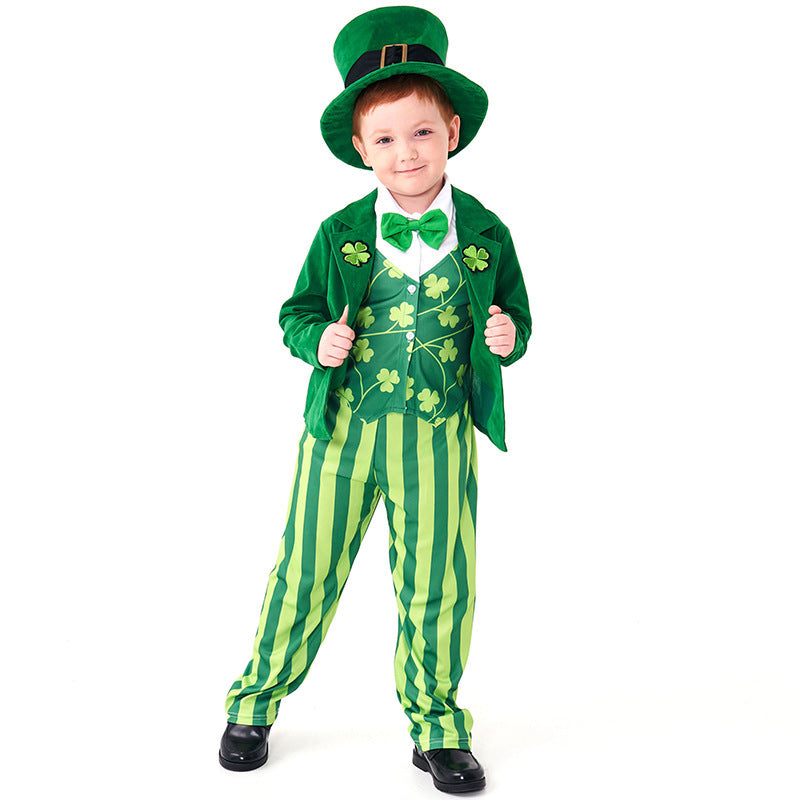 Kids green leprechaun costume with top hat, velvet-look jacket, shamrock vest, bow tie and striped pants - view 2