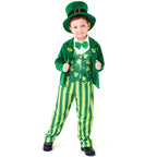Kids green leprechaun costume with top hat, velvet-look jacket, shamrock vest, bow tie and striped pants - view 2