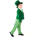 Kids green leprechaun costume with top hat, velvet-look jacket, shamrock vest, bow tie and striped pants - view 3