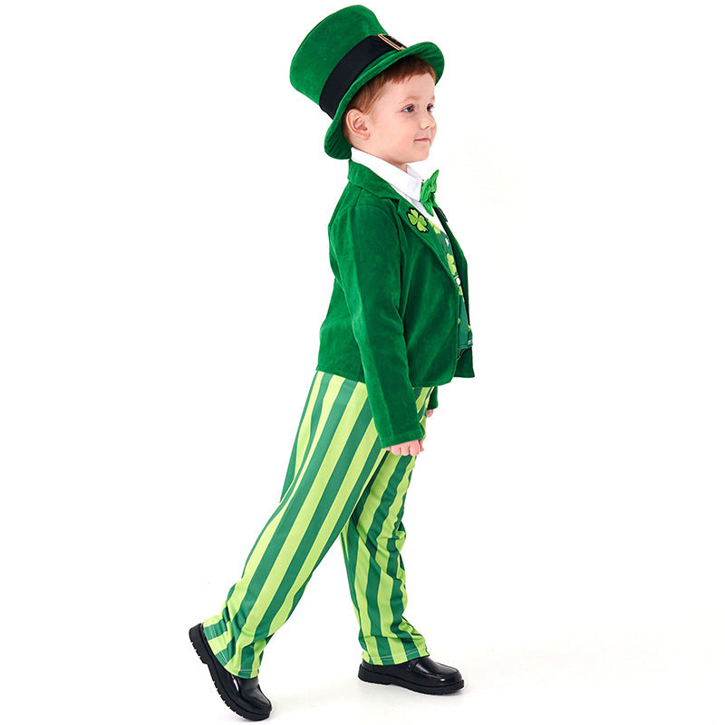 Kids green leprechaun costume with top hat, velvet-look jacket, shamrock vest, bow tie and striped pants - view 3