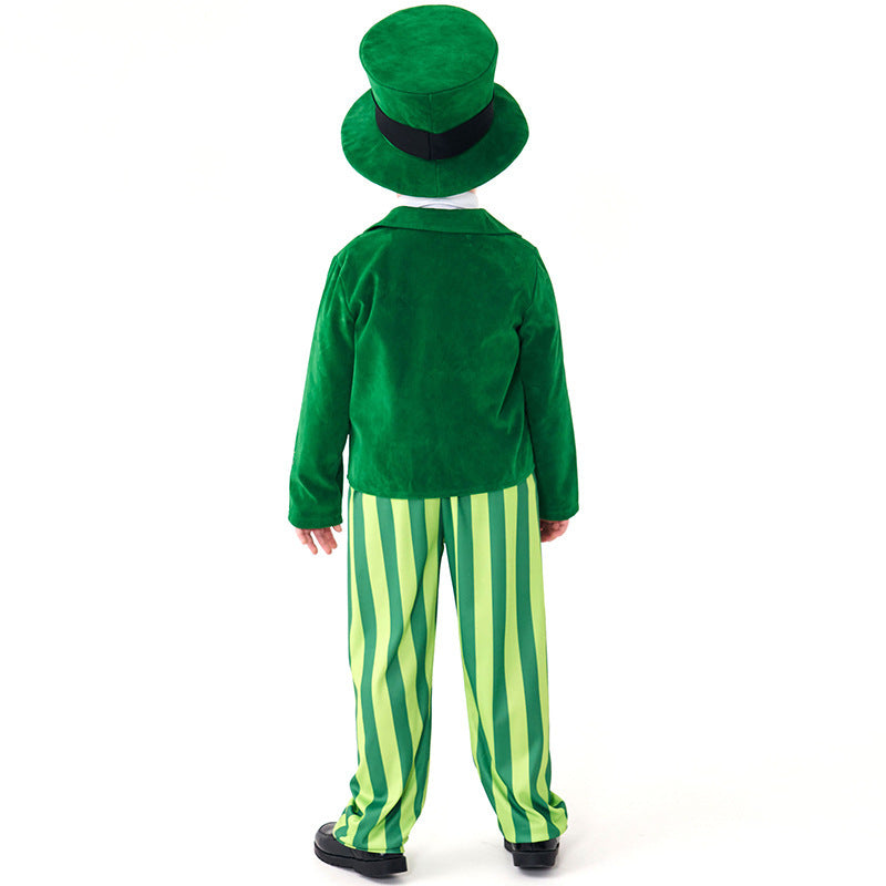 Kids green leprechaun costume with top hat, velvet-look jacket, shamrock vest, bow tie and striped pants - view 4