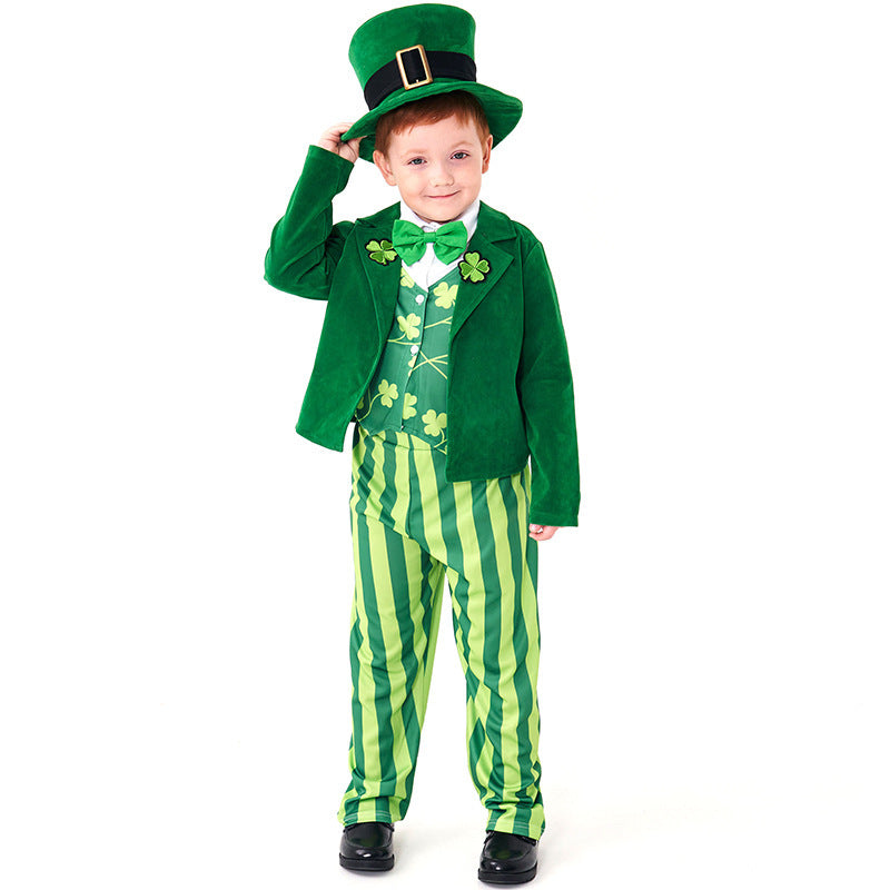 Kids green leprechaun costume with top hat, velvet-look jacket, shamrock vest, bow tie and striped pants - view 5
