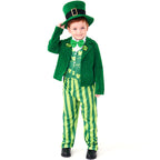 Kids green leprechaun costume with top hat, velvet-look jacket, shamrock vest, bow tie and striped pants - view 5