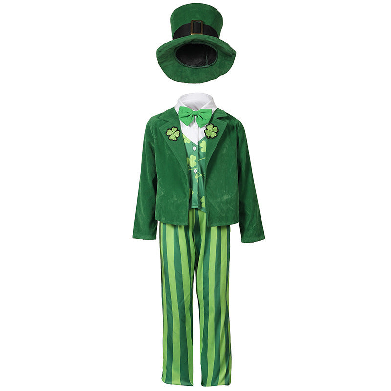 Kids green leprechaun costume with top hat, velvet-look jacket, shamrock vest, bow tie and striped pants - view 6