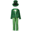 Kids green leprechaun costume with top hat, velvet-look jacket, shamrock vest, bow tie and striped pants - view 6
