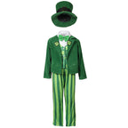 Kids green leprechaun costume with top hat, velvet-look jacket, shamrock vest, bow tie and striped pants - view 6