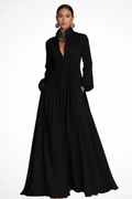 Long sleeve maxi dress with stand collar, button front, pockets and flowing gathered skirt - view 8
