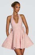 Pink sequin halter homecoming mini dress with oversized back bow