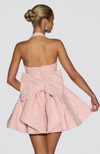 Pink sequin halter homecoming mini dress with oversized back bow - view 2
