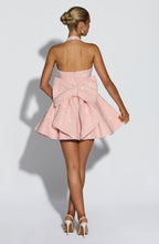 Pink sequin halter homecoming mini dress with oversized back bow - view 6