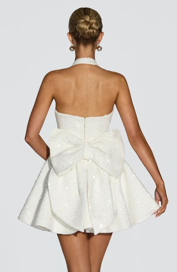 Pink sequin halter homecoming mini dress with oversized back bow - view 7