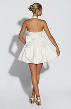 Pink sequin halter homecoming mini dress with oversized back bow - view 8