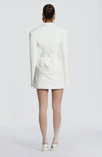 Long sleeve blazer-style homecoming mini dress with peak lapels, hook-front corset bodice and draped hip - view 10