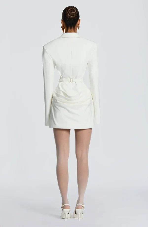 Long sleeve blazer-style homecoming mini dress with peak lapels, hook-front corset bodice and draped hip - view 10