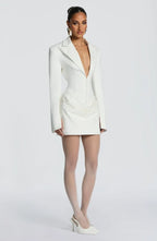 Long sleeve blazer-style homecoming mini dress with peak lapels, hook-front corset bodice and draped hip - view 11