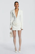 Long sleeve blazer-style homecoming mini dress with peak lapels, hook-front corset bodice and draped hip - view 12