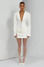 Long sleeve blazer-style homecoming mini dress with peak lapels, hook-front corset bodice and draped hip - view 14