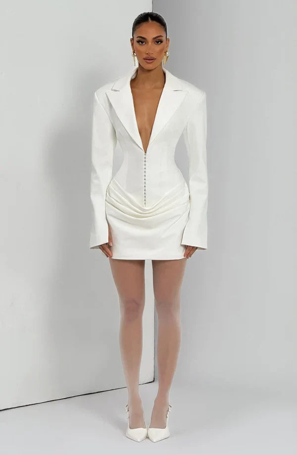 Long sleeve blazer-style homecoming mini dress with peak lapels, hook-front corset bodice and draped hip - view 14