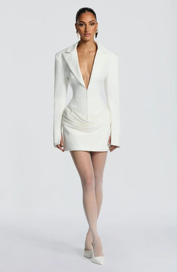 Long sleeve blazer-style homecoming mini dress with peak lapels, hook-front corset bodice and draped hip - view 17