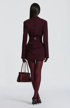 Long sleeve blazer-style homecoming mini dress with peak lapels, hook-front corset bodice and draped hip - view 19