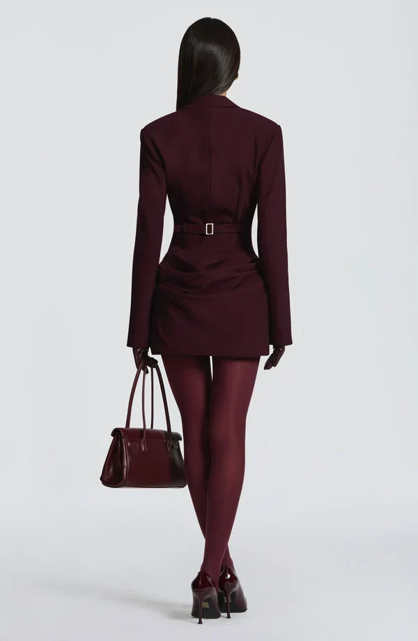 Long sleeve blazer-style homecoming mini dress with peak lapels, hook-front corset bodice and draped hip - view 19