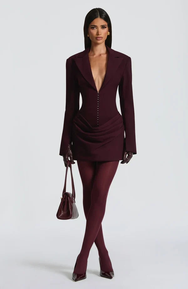 Long sleeve blazer-style homecoming mini dress with peak lapels, hook-front corset bodice and draped hip - view 20