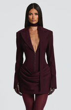 Long sleeve blazer-style homecoming mini dress with peak lapels, hook-front corset bodice and draped hip - view 21