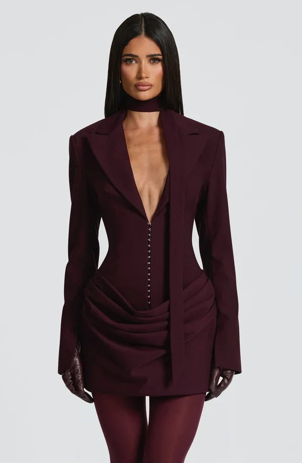 Long sleeve blazer-style homecoming mini dress with peak lapels, hook-front corset bodice and draped hip - view 21