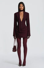 Long sleeve blazer-style homecoming mini dress with peak lapels, hook-front corset bodice and draped hip - view 22